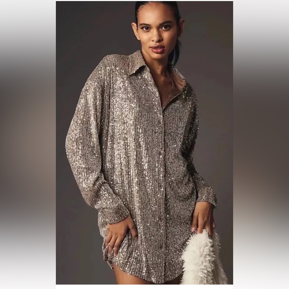 NWT Anthropologie Flat White Sequin Shirt Dress, Petite Size XXS